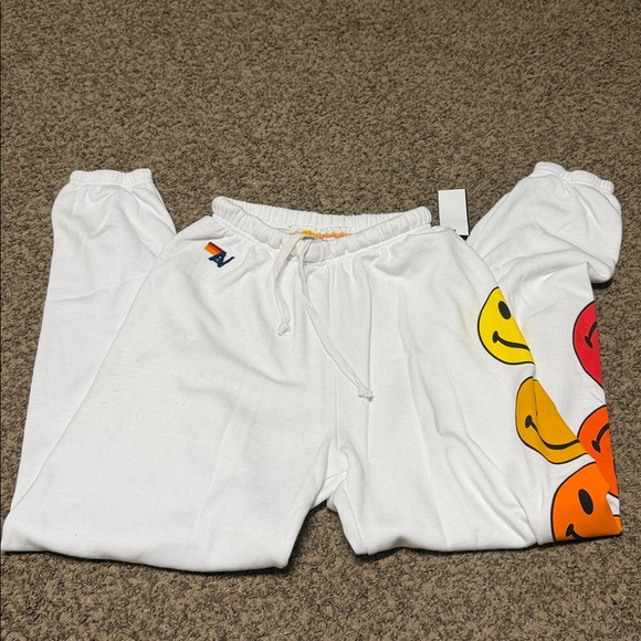 Aviator Nation White Joggers with Colorful Smiley Faces - Picture 3 of 5